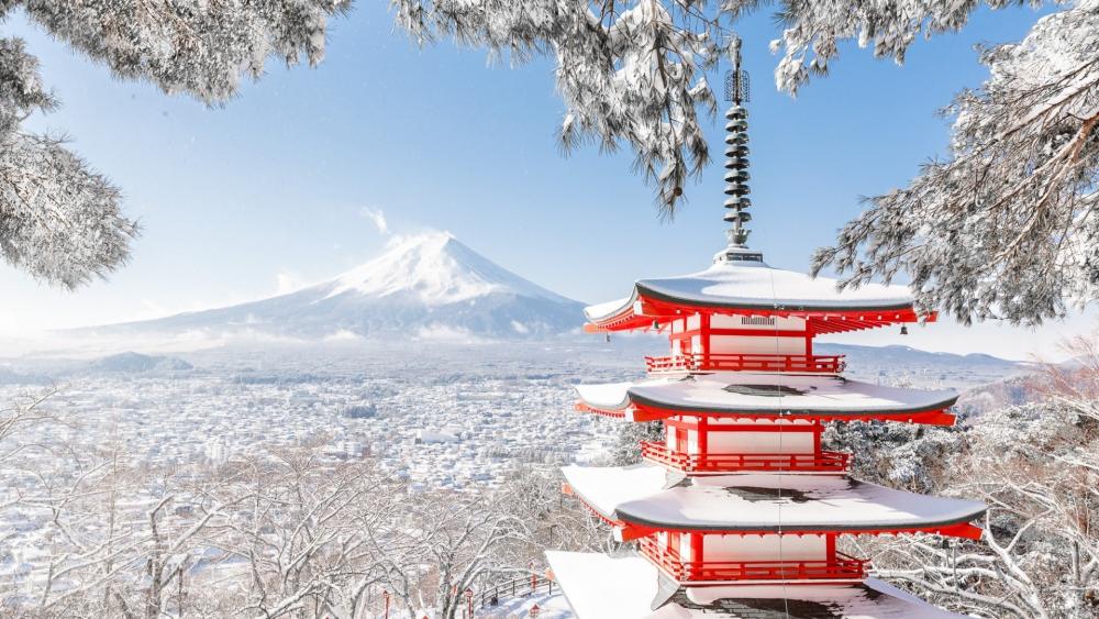 Snowy Chureito Pagoda Overlooking Mount Fuji in Winter wallpaper