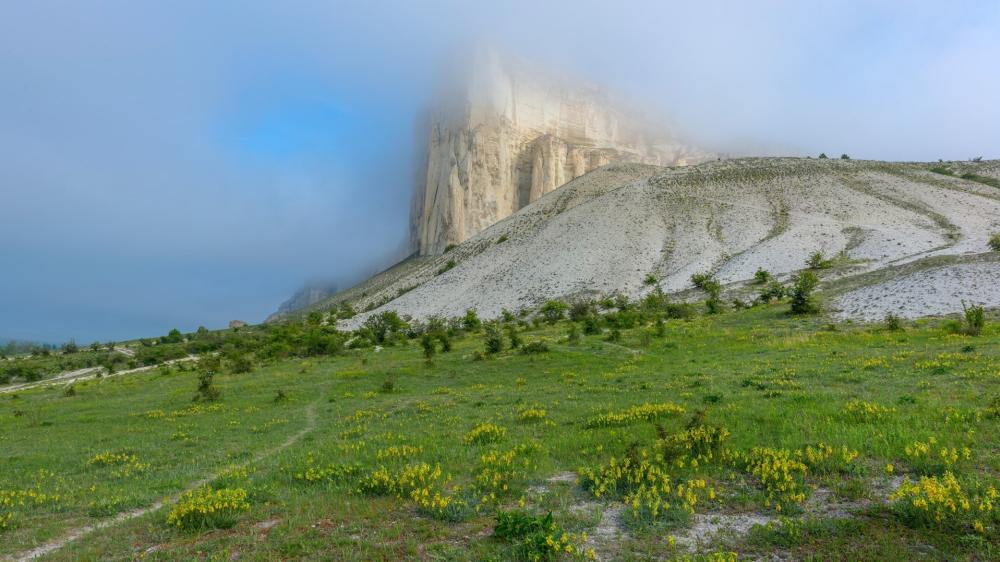 Fog Embracing White Rock on the Crimean Peninsula wallpaper