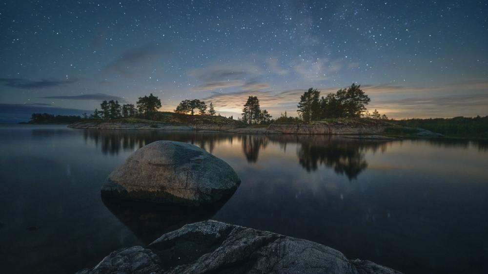 Starry Silence Over Lake Ladoga Islets and Granite Rock wallpaper