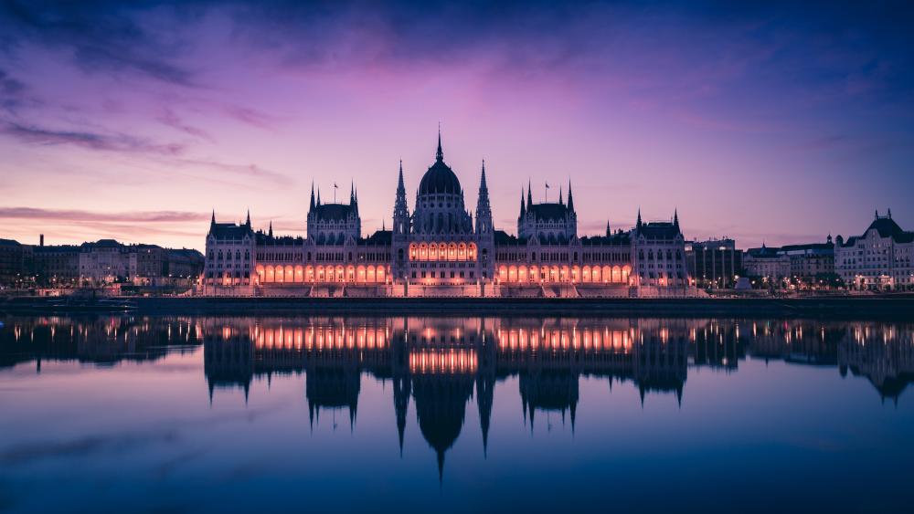Hungarian Parliament at Dusk Reflected on the Danube in Budapest wallpaper