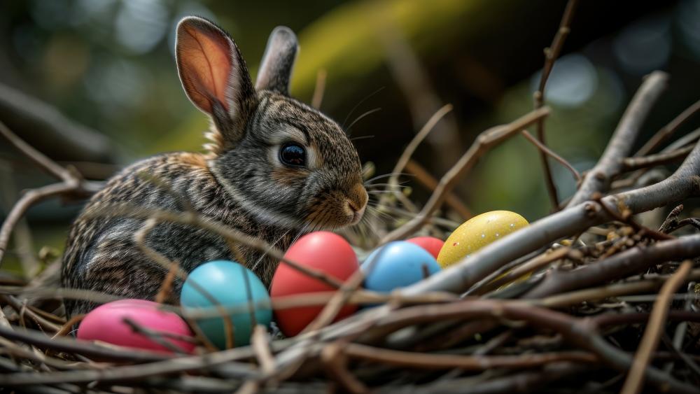 Woodland Easter Bunny Guarding Colorful Eggs in Spring Nest wallpaper