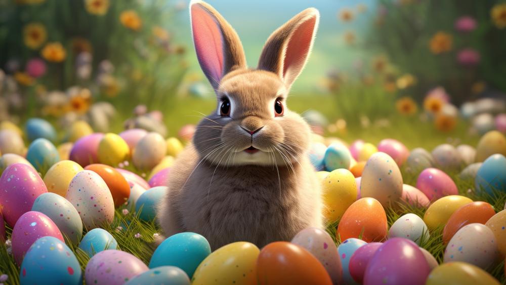 Springtime Easter Bunny Surrounded by Pastel Eggs in Blooming Meadow wallpaper