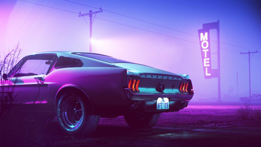 Neon Motel Night Drive in a Retro Wave Mustang wallpaper
