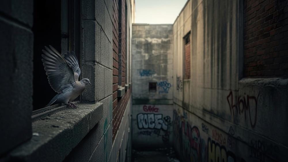 Dove Taking Flight in a Gritty Brick Alleyway Scene wallpaper