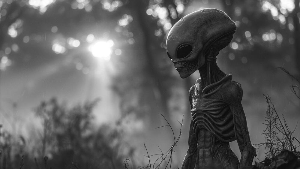Monochrome Alien Wanderer in Misty Forest Silence wallpaper