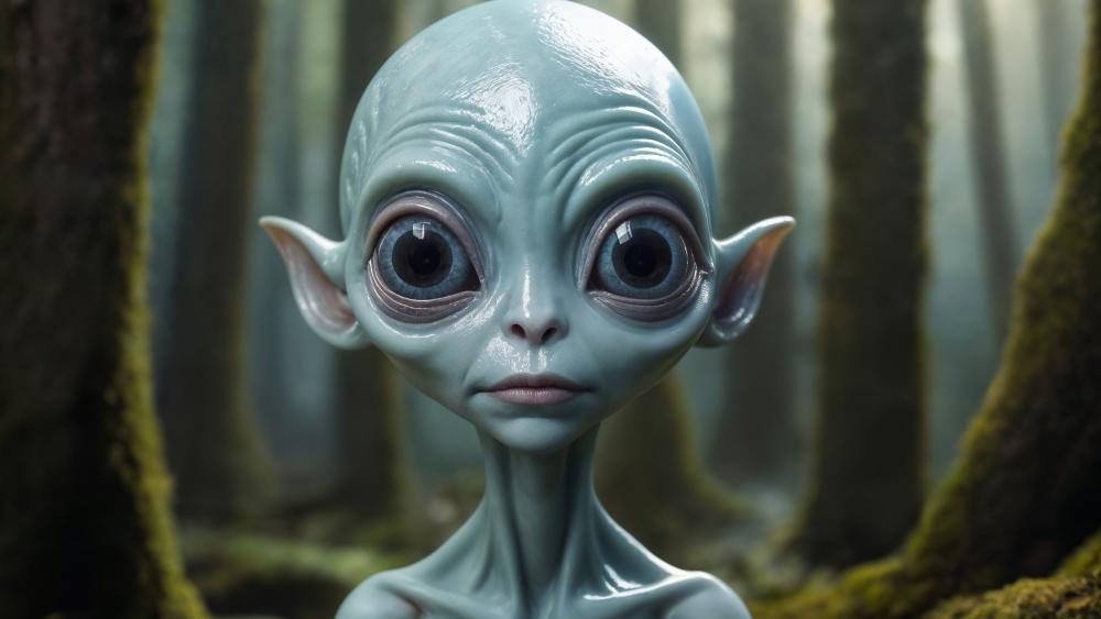 Wide Eyed Alien Wanderer in a Misty Forest Realm wallpaper