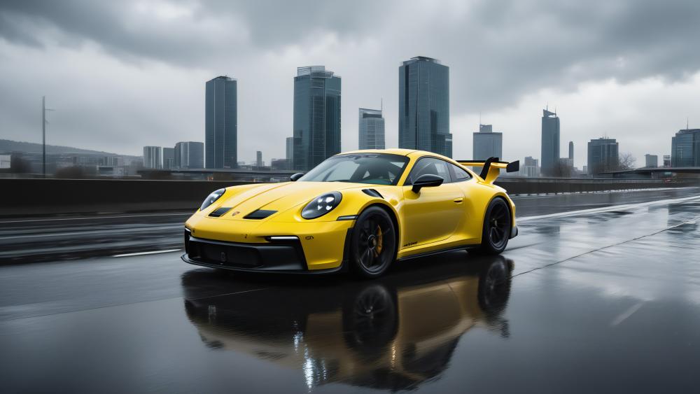 Wet Yellow Porsche wallpaper