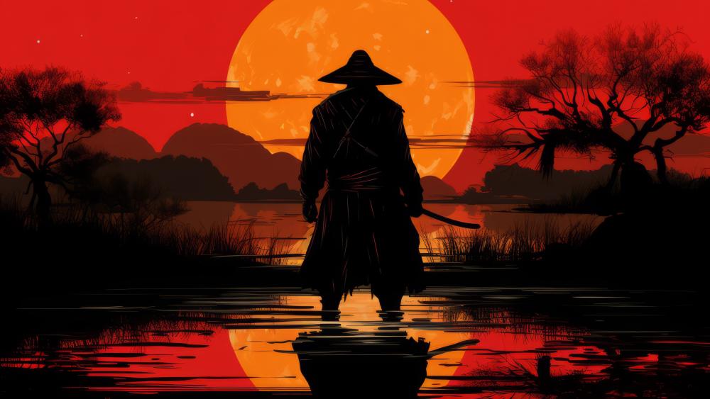 Crimson Dusk Ronin Walking the Silent Marsh wallpaper