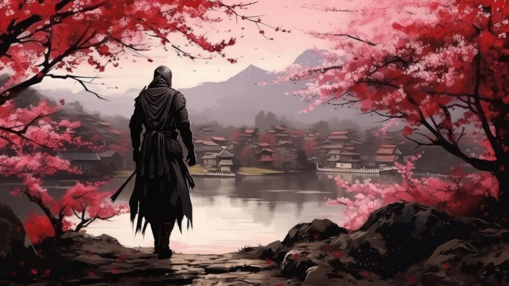 Crimson Sakura Wayfarer Over Misty Lake and Silent Pagodas wallpaper