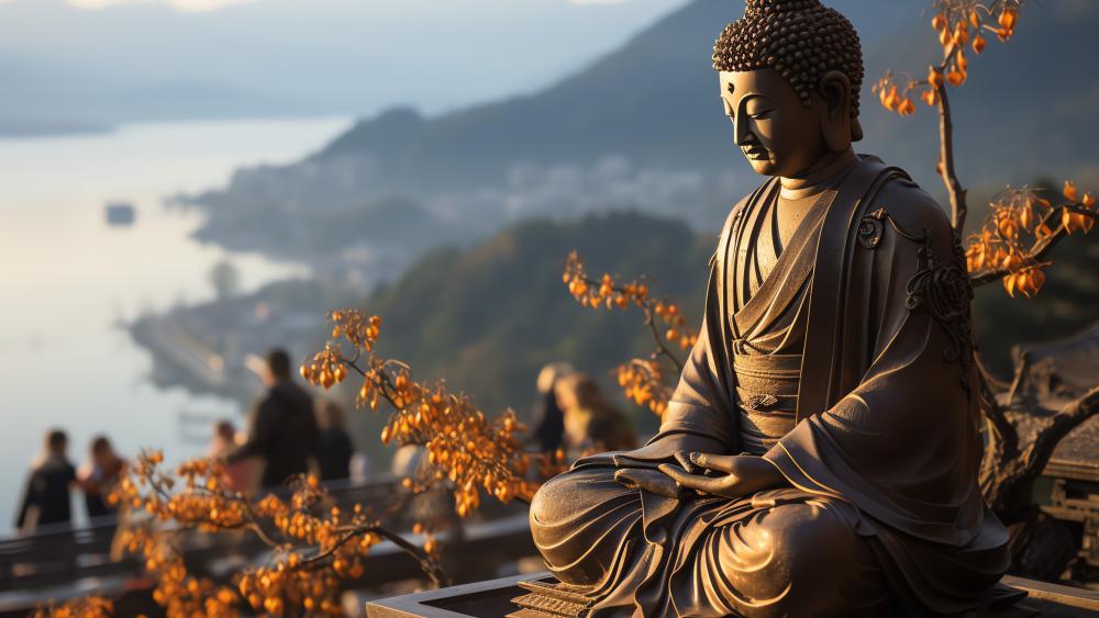Golden Buddha Meditation Overlook Above Misty Coastal Temple wallpaper