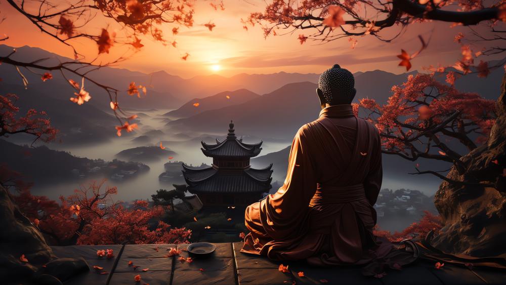 Zen Monk Meditating Above Misty Temple at Autumn Sunrise wallpaper