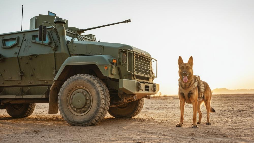 Desert Patrol Guardian German Shepherd Beside Armored Military Vehicle wallpaper