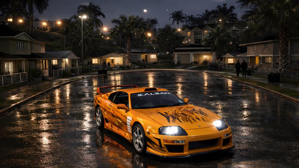 Neon Rain Reflections on a Yellow Street Racing Icon wallpaper
