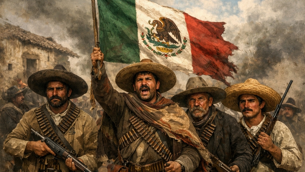 Banner of Defiance Revolutionary Soldiers Under the Mexican Tricolor wallpaper