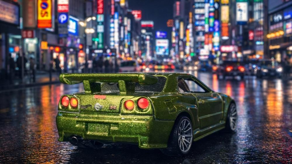Neon Rain Nights with a Green Nissan Skyline GT-R wallpaper