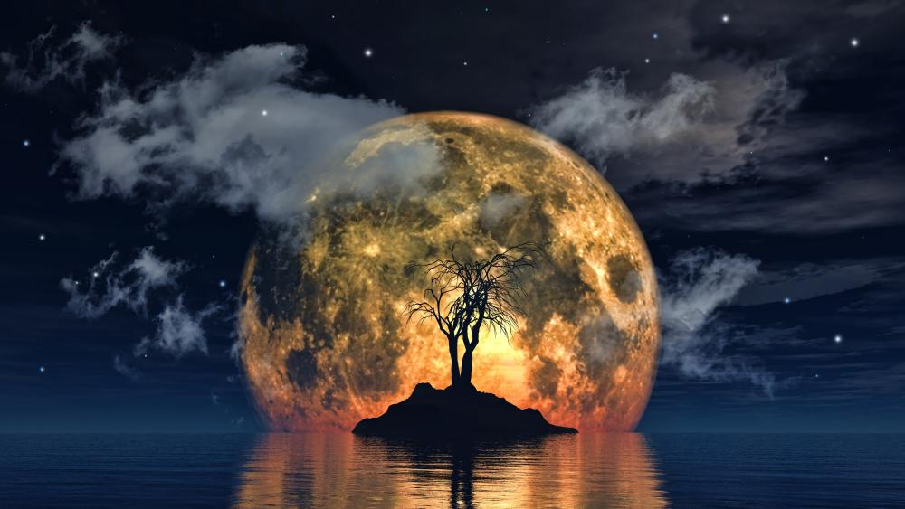Lonely Tree Silhouette Before a Glowing Supermoon Over Silent Sea wallpaper