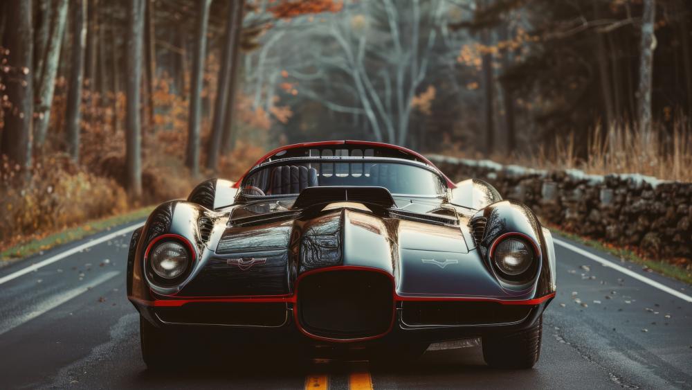 Midnight Convertible Supercar on an Autumn Forest Road in 5K wallpaper
