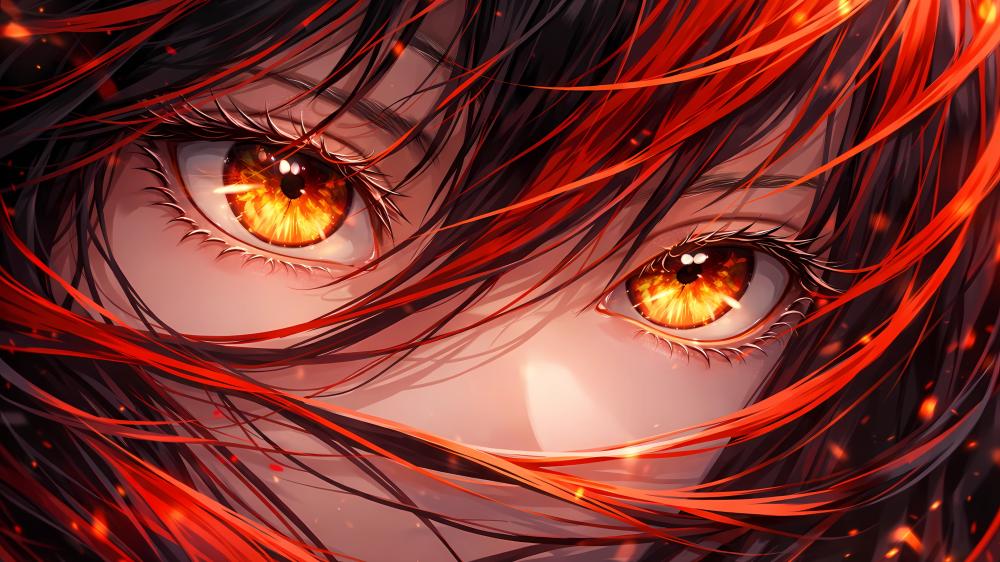Blazing Amber Gaze Through Crimson Strands in Ultra Detailed Anime Art wallpaper
