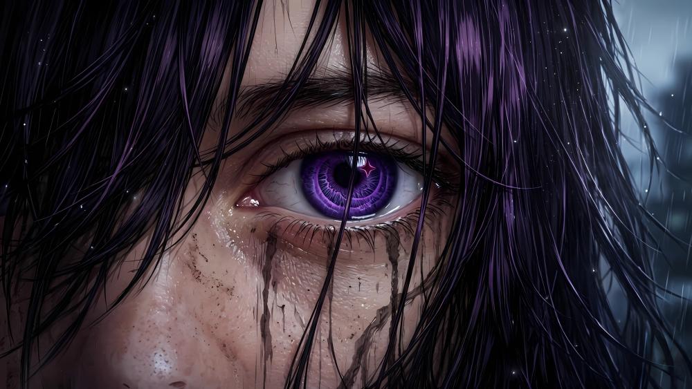 Violet Star Iris Close Up in Rainy Anime Darkness wallpaper