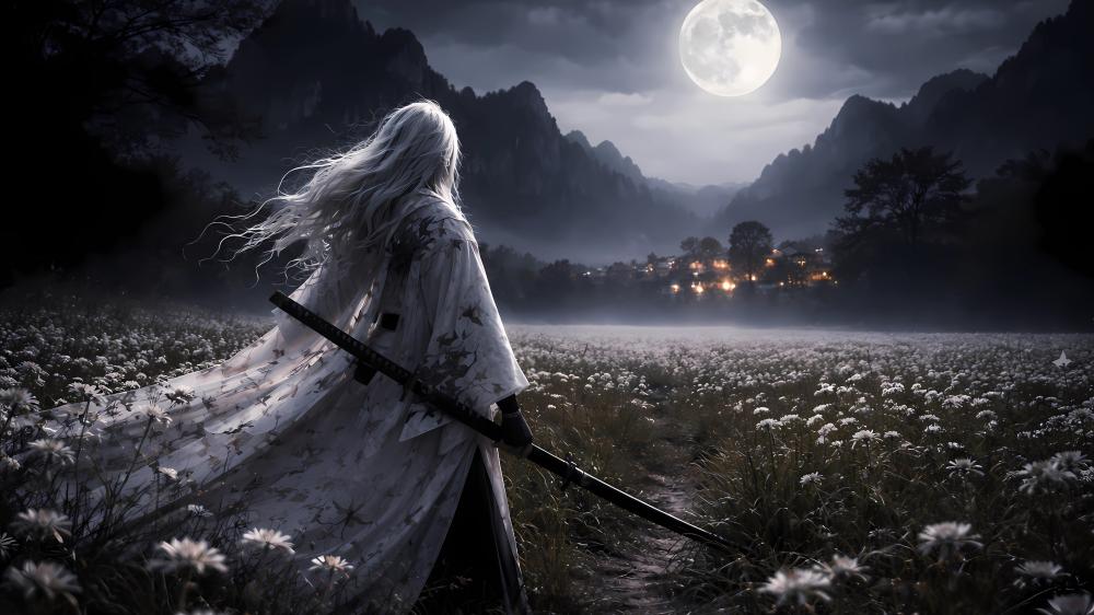 Moonlit Ronin in a Foggy Valley of Silent Flowers wallpaper