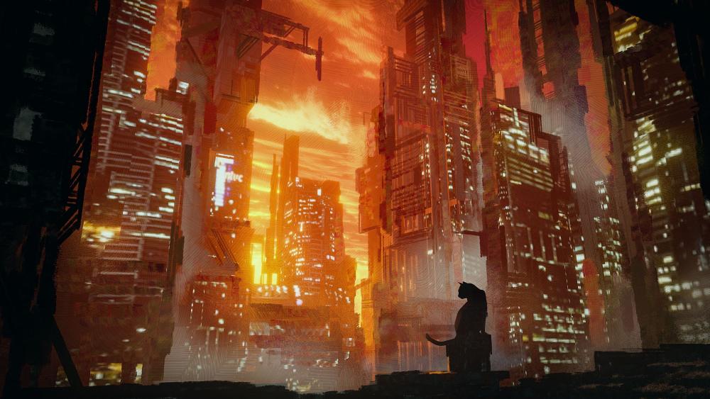 Sunset Over Neon Ruins Cat Sentinel in a Dystopian Megacity wallpaper