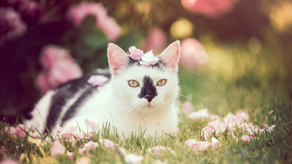 Petal Crowned Domestic Cat Resting in Sunlit Garden wallpaper