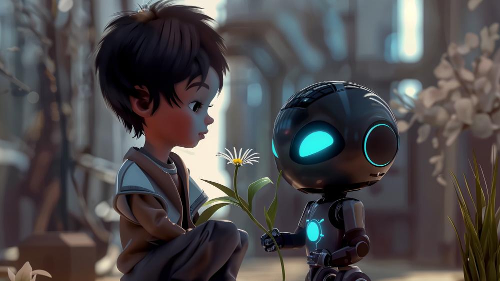 Neon Heart Robots and a Little Boy in Quiet Future Alley wallpaper
