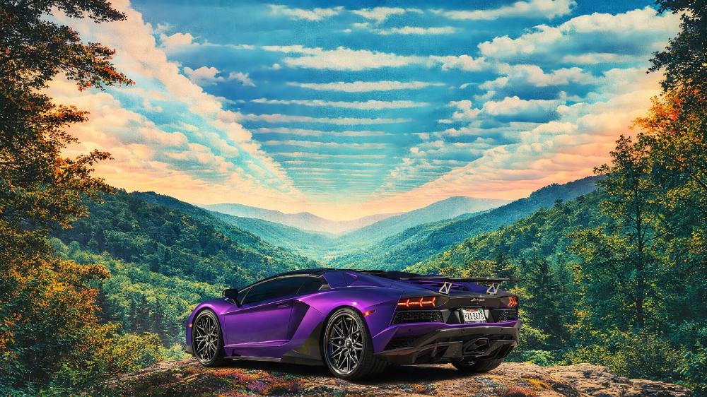Purple Lamborghini Aventador Overlooking Endless Mountain Valleys at Golden Hour wallpaper