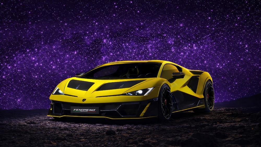 Lamborghini Fenomeno Glowing Yellow Dreamcar Beneath a Starry Purple Sky wallpaper