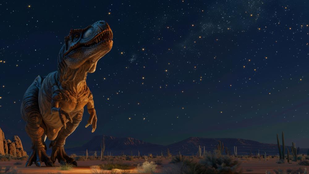 Starlit Desert Tyrannosaurus Rex Guardian in Cinematic 4K Fantasy wallpaper