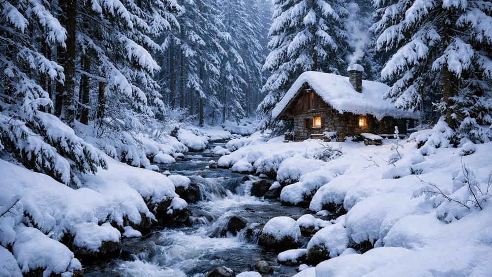 Lonely cabin in the woods wallpaper