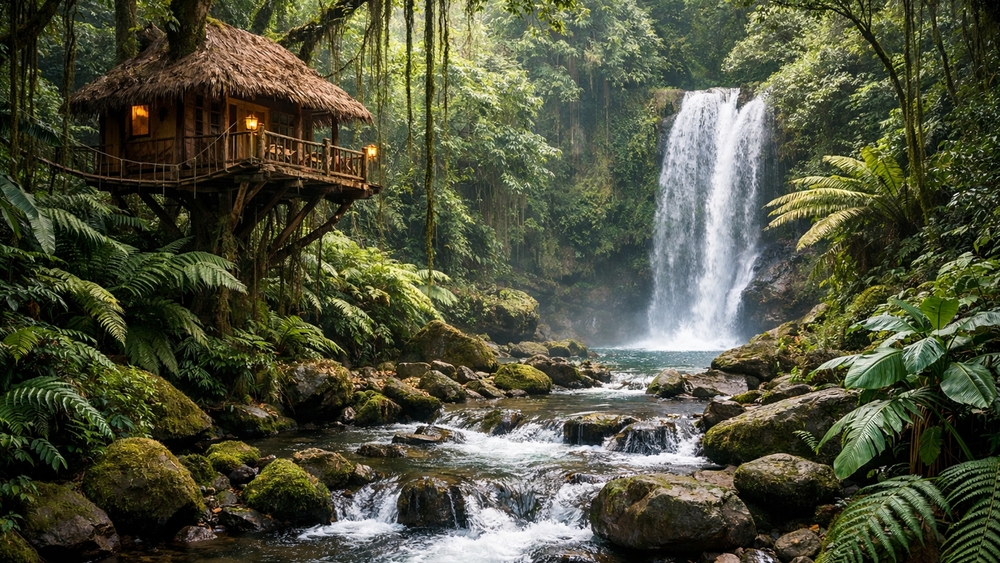 Rainforest Treehouse Retreat Beside a Hidden Waterfall Stream wallpaper