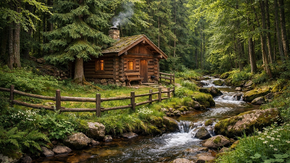 Cozy Log Cabin by a Creek in Dense Fir Forest wallpaper