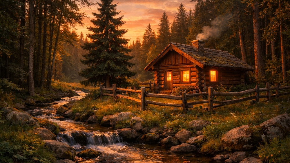 Sunset Log Cabin by a Whispering Creek in Dense Forest wallpaper