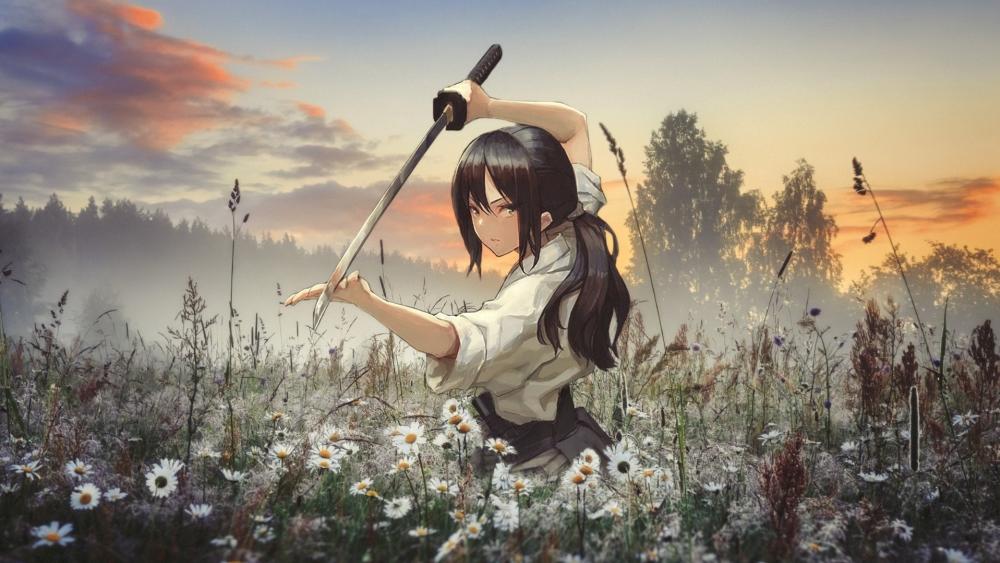 Sunset Duel Serenity Anime Samurai Girl in Wildflower Meadow wallpaper