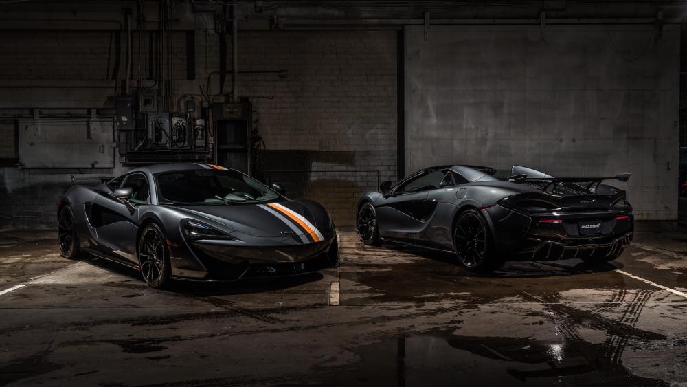 McLaren 600LT Duo in a Gritty Industrial Garage wallpaper