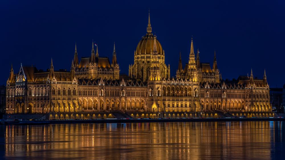 Golden Hungarian Parliament Reflections on the Danube at Night wallpaper