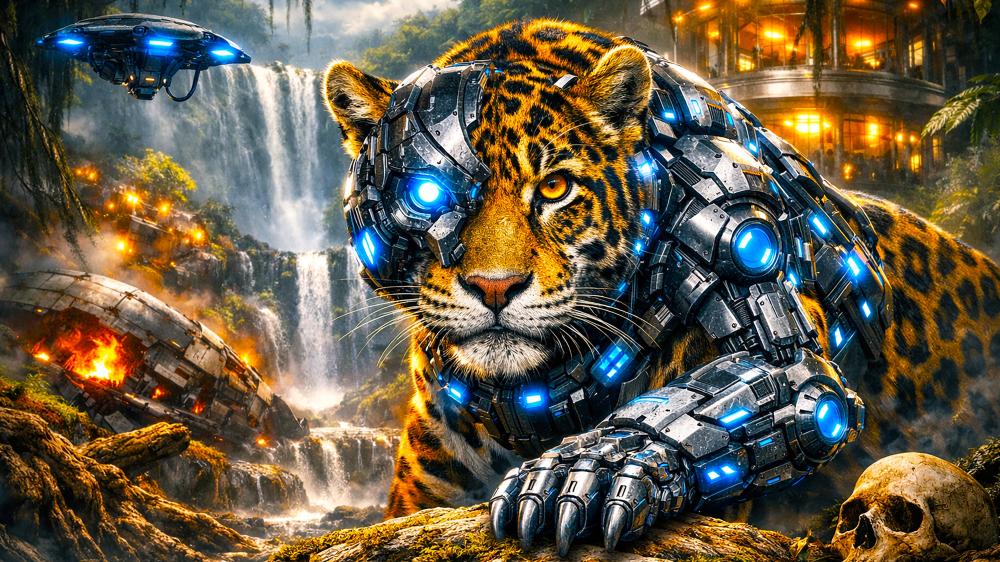 Cybernetic Tiger Guardian Among Waterfalls and Neon Ruins wallpaper