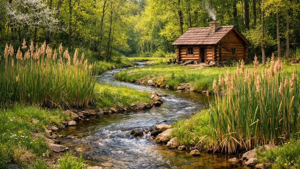 Tranquil Log Cabin by a Sunlit Creek in Spring Forest wallpaper