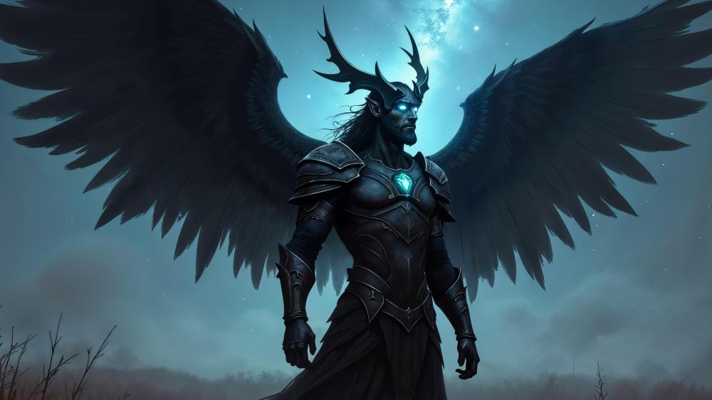 Abyssal Winged Sentinel Under Moonlit Storm Skies wallpaper