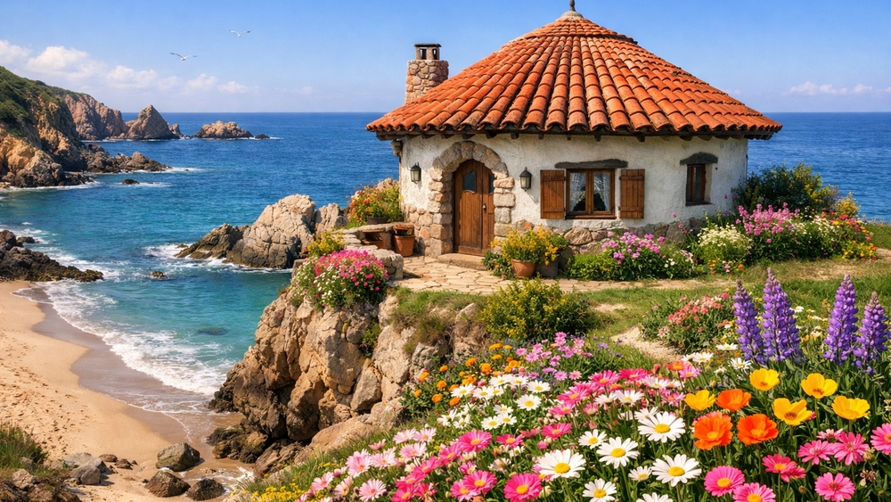 Seaside Cottage Above a Turquoise Bay and Wildflower Garden wallpaper