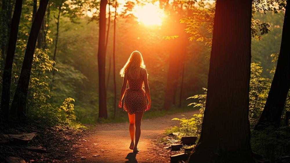 Sunlit Woodland Walk with Blonde Girl in Summer Forest Glow wallpaper