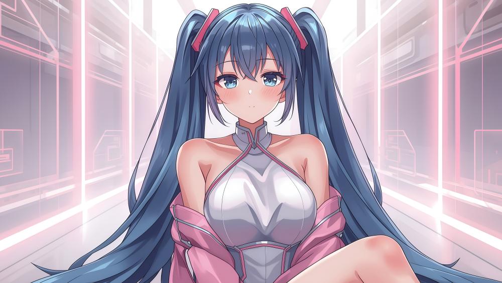 Neon Corridor Muse with Long Twin Tails in 5K wallpaper