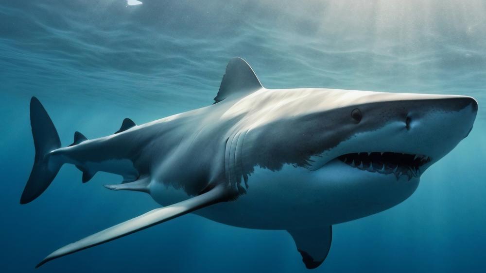Majestic Great White Shark Gliding Through Sunlit Ocean Depths wallpaper