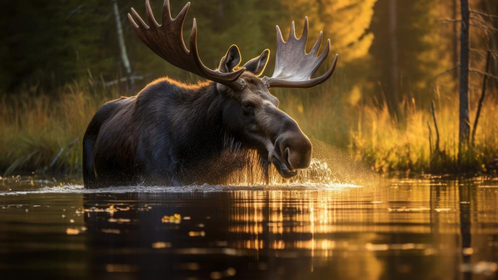 Majestic Moose Wading Through Golden Forest Waters in 4K wallpaper