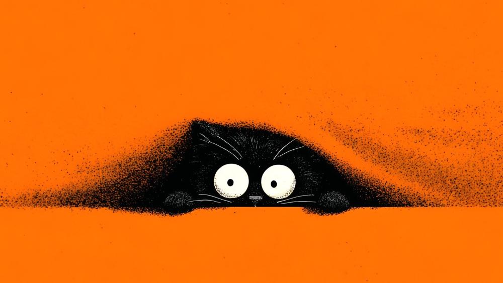 Sneaky Black Cat Peeking on Bright Orange Cartoon Background wallpaper