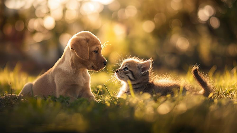 Golden Hour Friendship Between Puppy and Kitten in Soft Meadow Light wallpaper