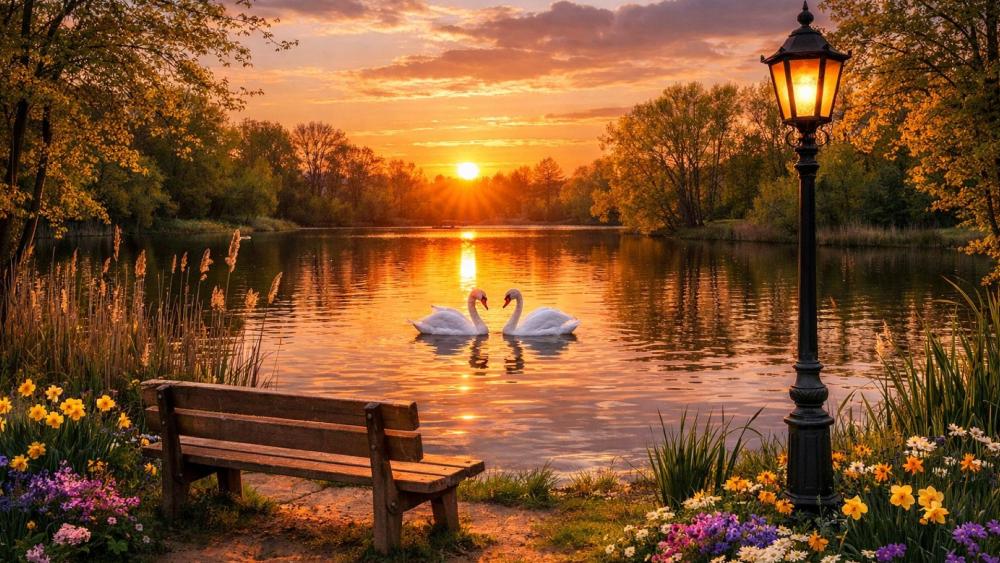 Evening atmosphere at the lake with two swans wallpaper