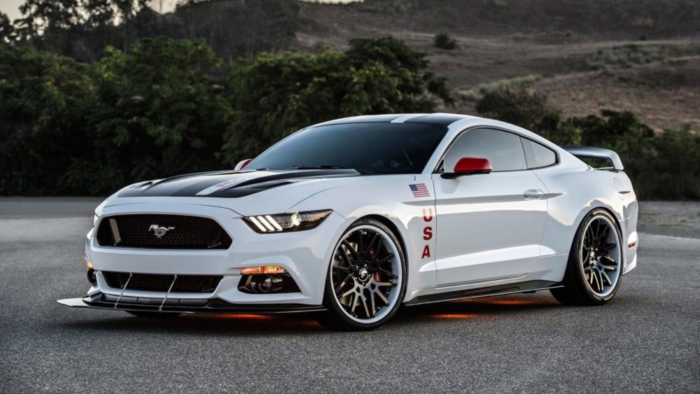 White Ford Mustang with USA Decals and Aggressive Track Stance wallpaper