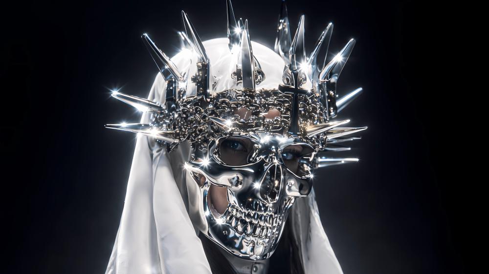 Chromed Skull Sovereign Wearing a Spiked Crown in Moonlit Shadow wallpaper